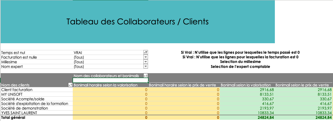 Excel output - Accountant bonuses filtered by zero time