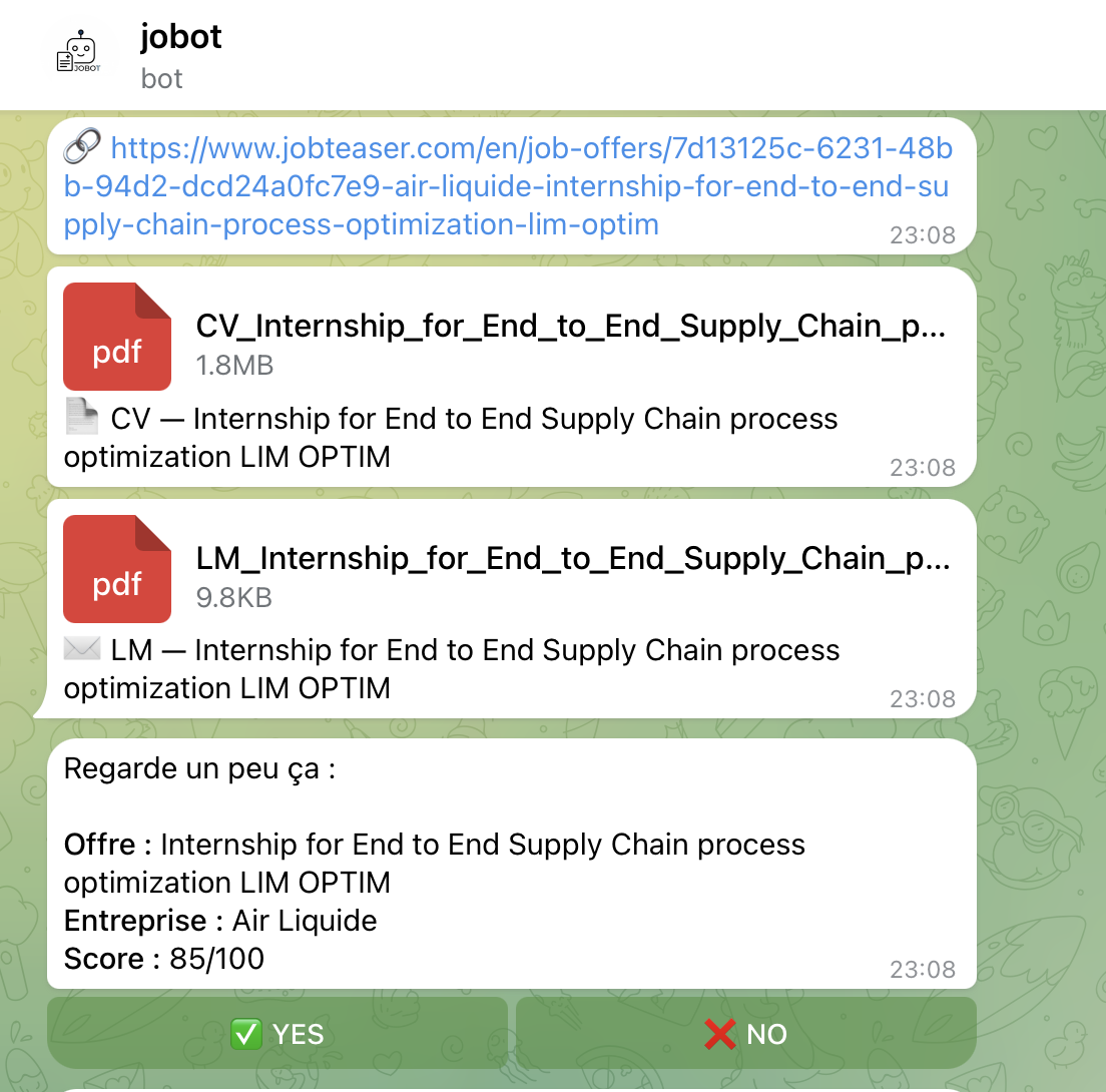 Telegram bot interface showing offer summary with YES/NO buttons